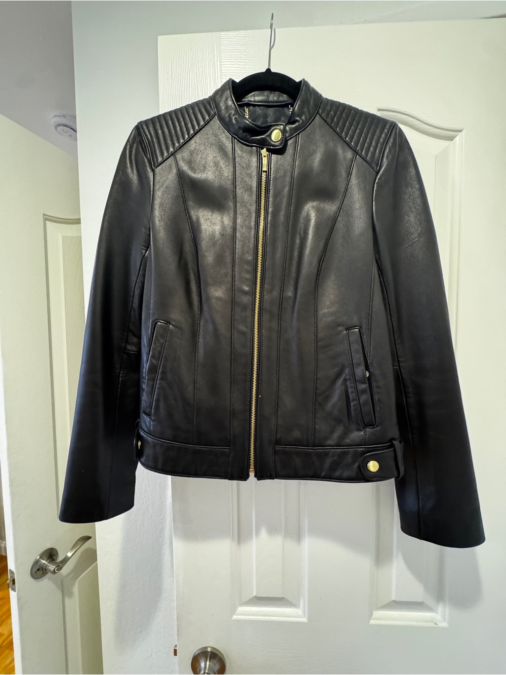 Cole Haan Women’s Black Leather Jacket size M Genuine Lambskin Gold Hardware